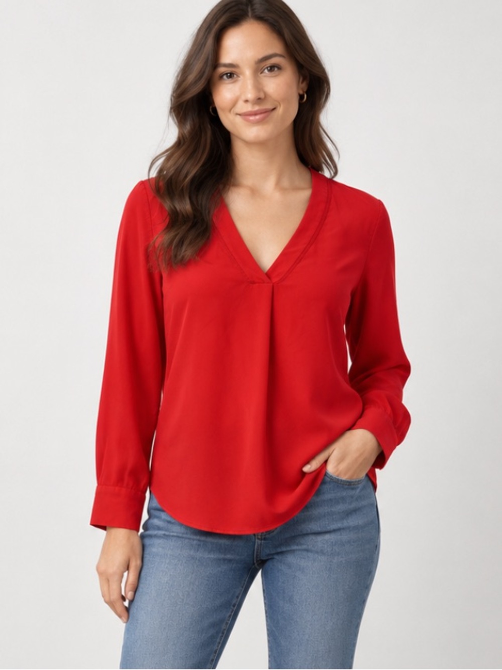 J. Crew Eyelet V-Neck Long Sleeve Blouse Career Business Red Small